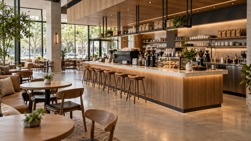 coffeeshop interyer dizaynı, kafe interyer dizaynı, coffeeshop dizaynı ideyaları, qəhvəxana interyeri, sənaye üslubu kafe, skandinav üslubu, biofilik dizayn, açıq bar konsepsiyası, kafe işıqlandırması, speciality qəhvə, Bakıda coffeeshop